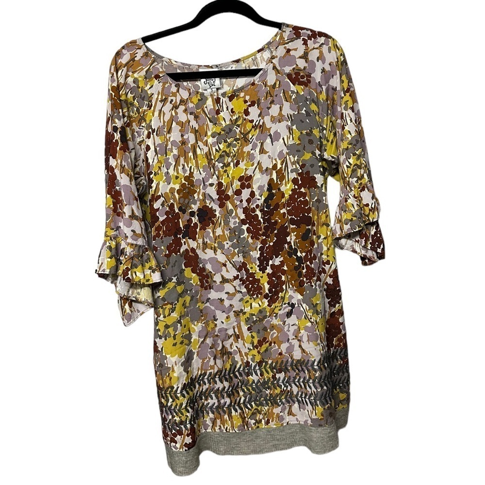 Ivy Jane Floral Embroidered Bell Sleeve Dress Watercolor Grey Ruffle